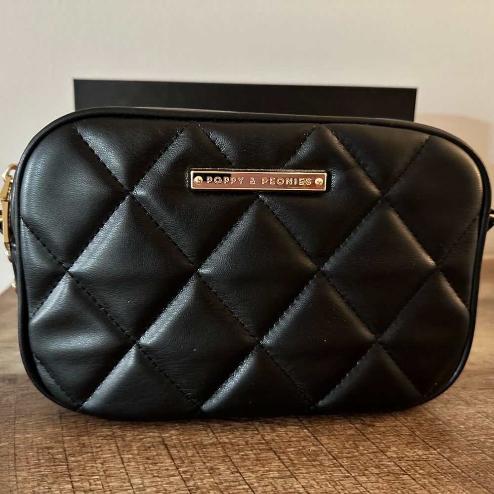 Poppy & Peonies Black Quilted Crossbody Bag